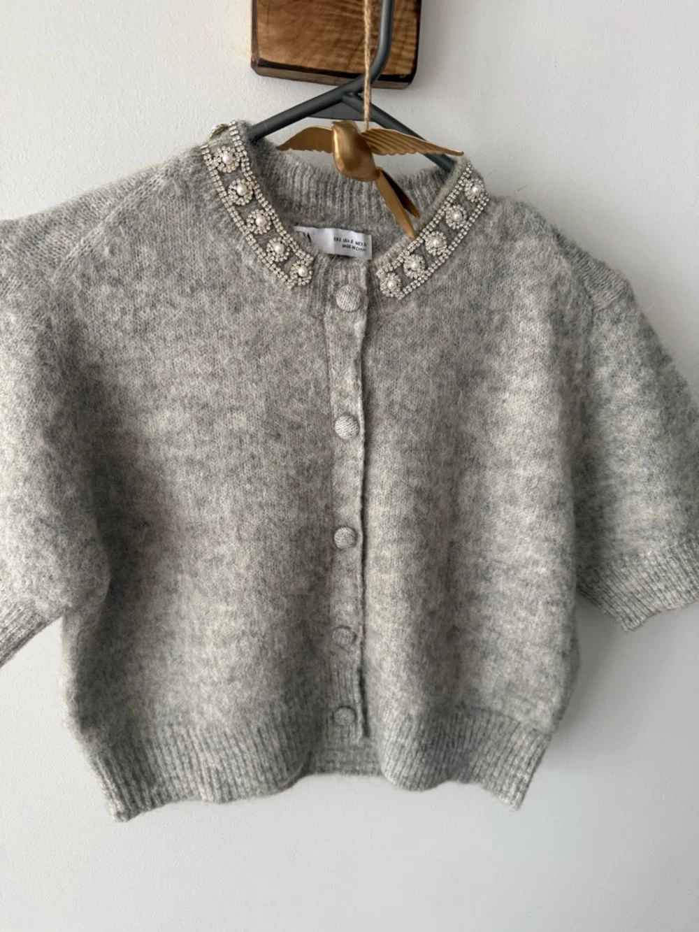 Zara Embellished Collar Short-Sleeve Mohair Blend Cardigan - Gray - Picture 6 of 6